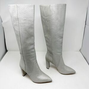 Y2k Silver Croc Embossed Leather Heeled Boots Size 6 Knee High Paige